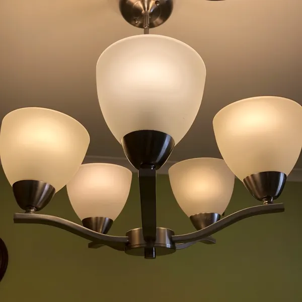 Modern 5 Arm Satin Nickel Ceiling Light Pendant | Frosted Glass Shades