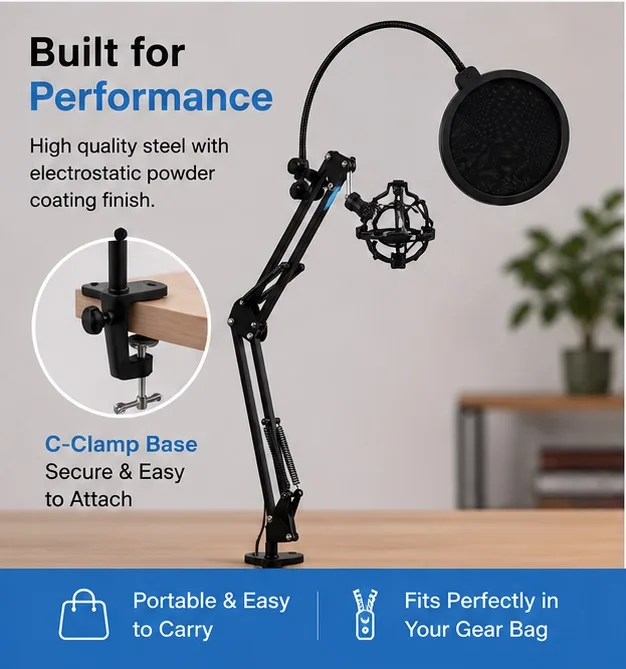 Adjustable Microphone Suspension Boom Arm Stand + Pop Filter — photo 5