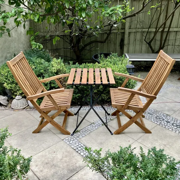 Pair of Teak Folding Armchairs and Folding Table
