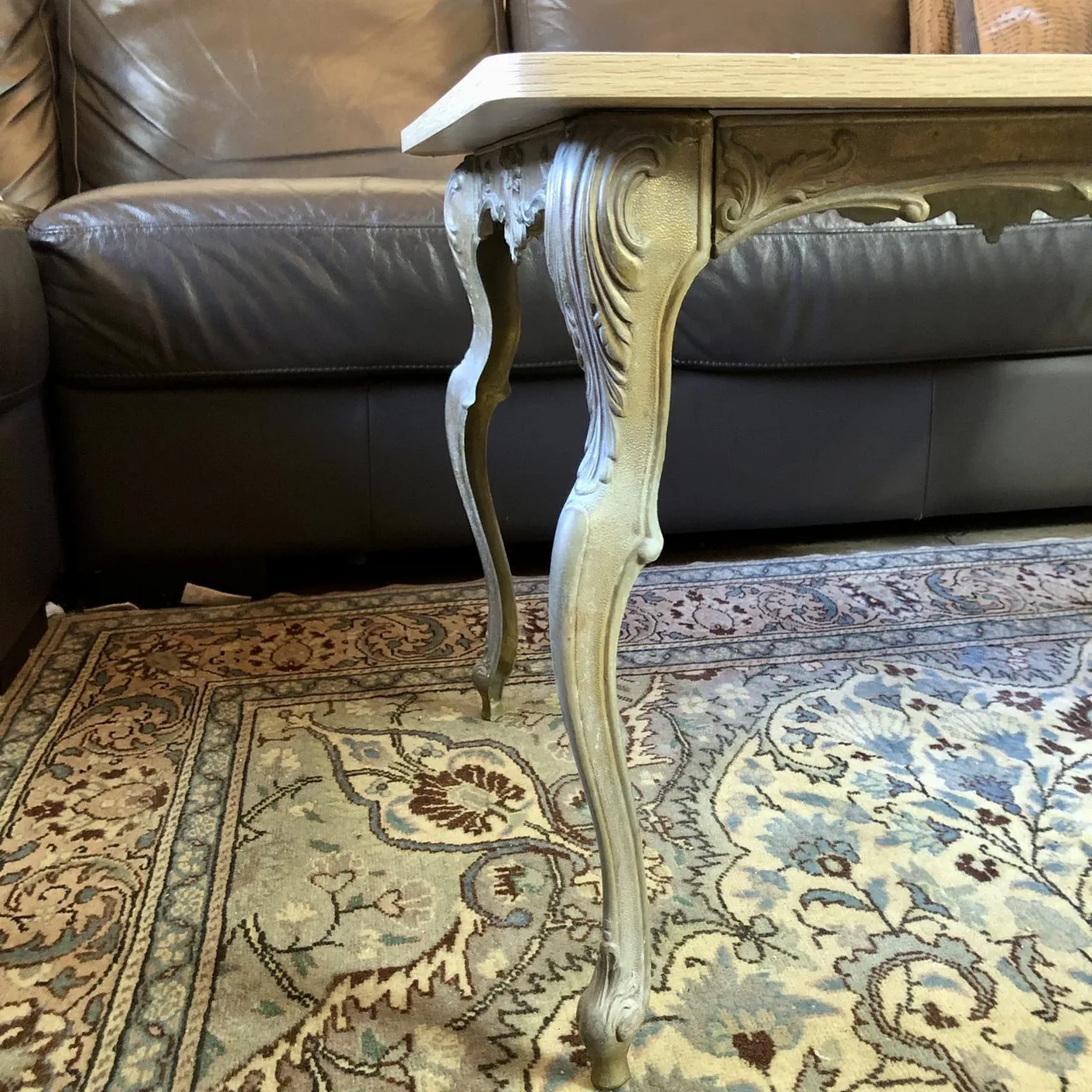French Louis XV-style Brass & Oak Look Coffee Table — photo 2