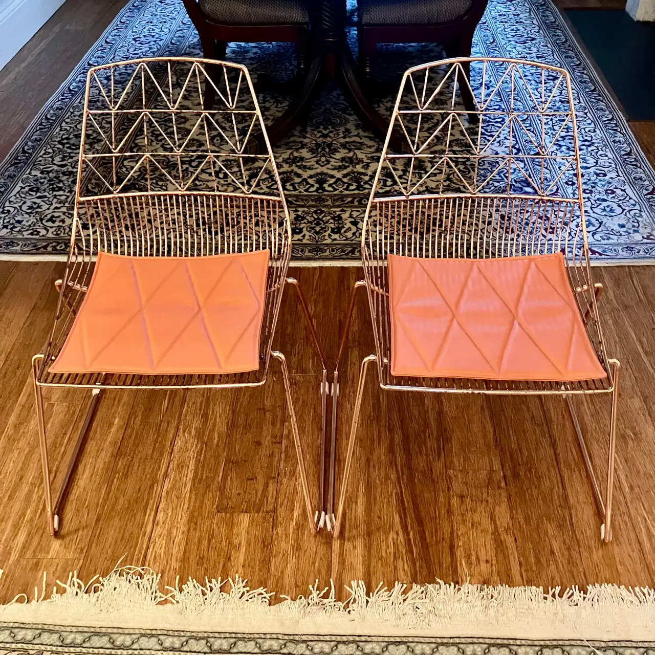 gently used Pair of MCM Rose Gold Wire Dining Chairs – Stylish Stackable Retro – photo 2