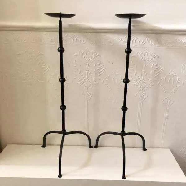 Pair Hand Forged Medieval Iron Candle Stands / Floor Candle Holders — photo 3