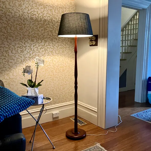 162cm of Vintage Elegance – Mahogany Floor Lamp & 46cm Slate Linen Shade