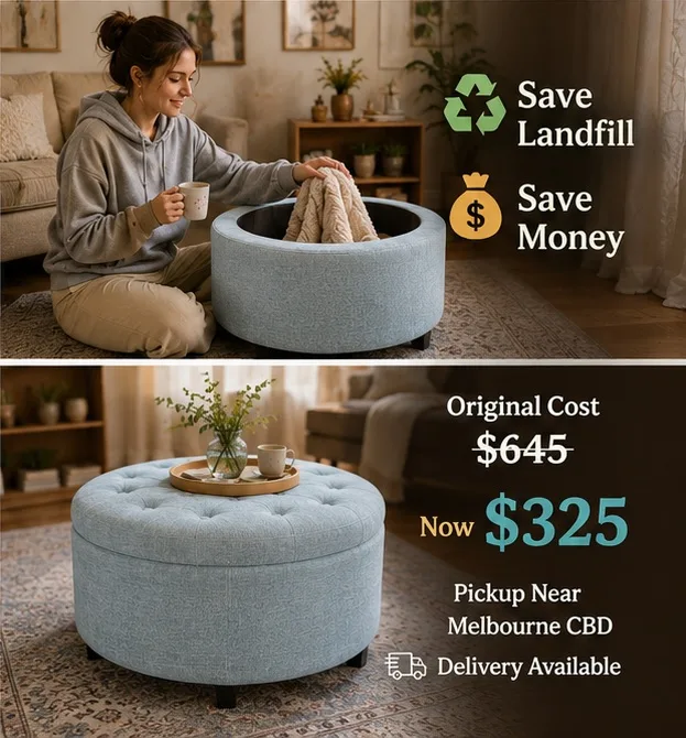 Teal blue Round button-tufted storage Ottoman Size: 75cm diameter x 42cm high — photo 5