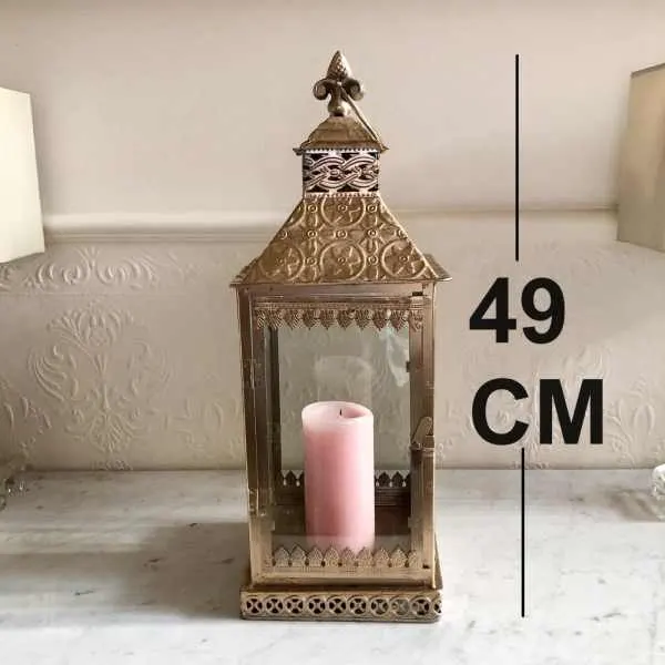 Large Moroccan Lantern Candle Holder – Gilded Metal & Glass Indoor/Out