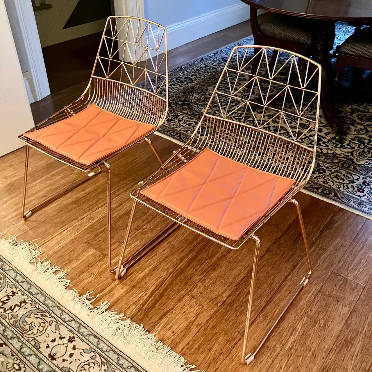 gently used Pair of MCM Rose Gold Wire Dining Chairs – Stylish Stackable Retro – photo 4