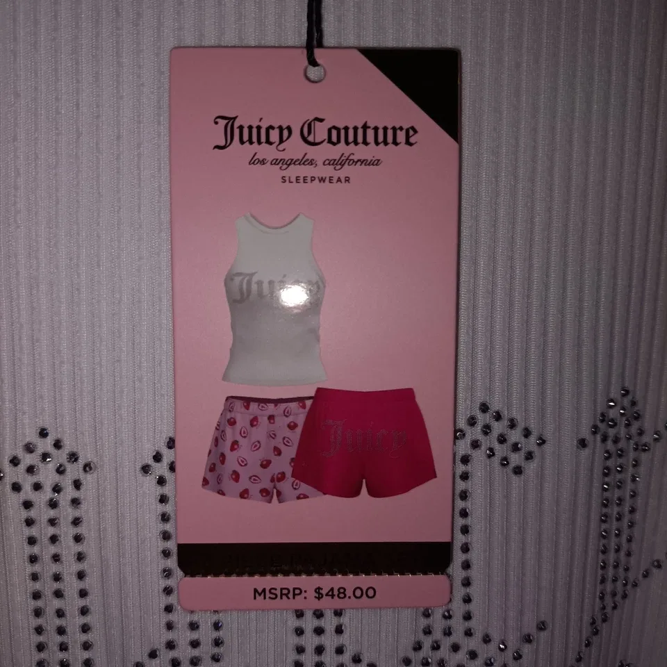 Juicy Couture Pink Strawberry Satin Pajama Set 3 Piece Tank/Shorts Size L — photo 3