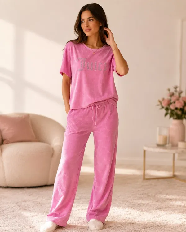 Juicy Couture Pink Velour Pajama Set Embossed Logo Rhinestone Bling Size XL