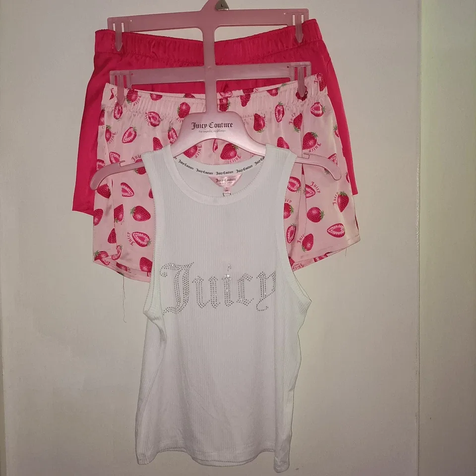 Juicy Couture Pink Strawberry Satin Pajama Set 3 Piece Tank/Shorts Size L — photo 2