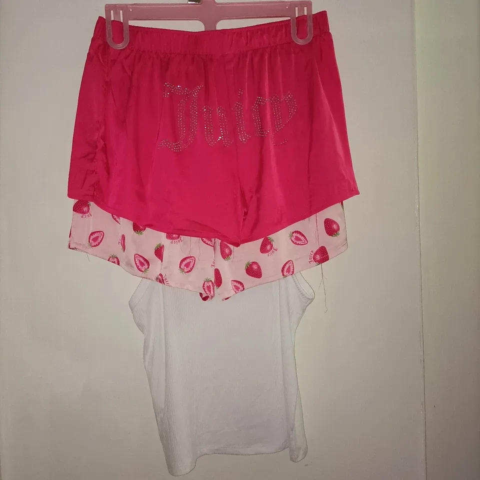 Juicy Couture Pink Strawberry Satin Pajama Set 3 Piece Tank/Shorts Size L — photo 4