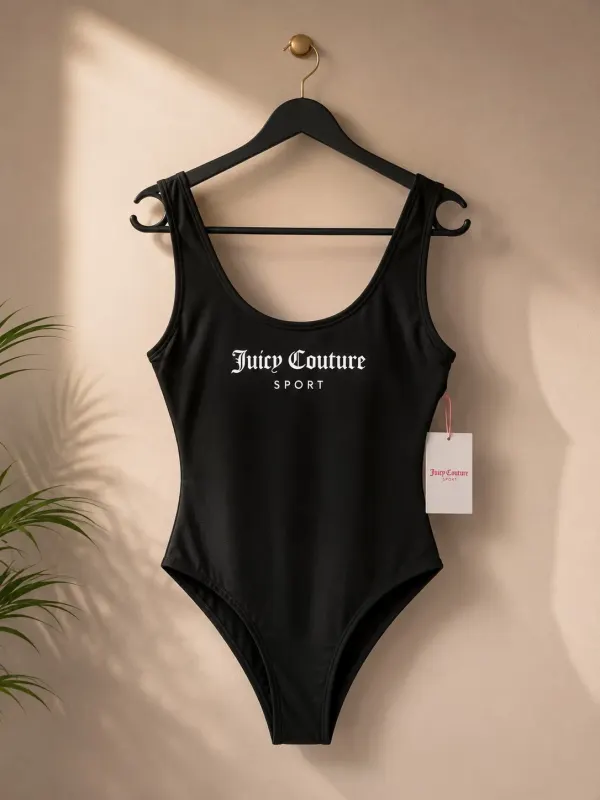 Juicy Couture Sport Black One Piece Swimsuit High Leg Logo NWT Size S
