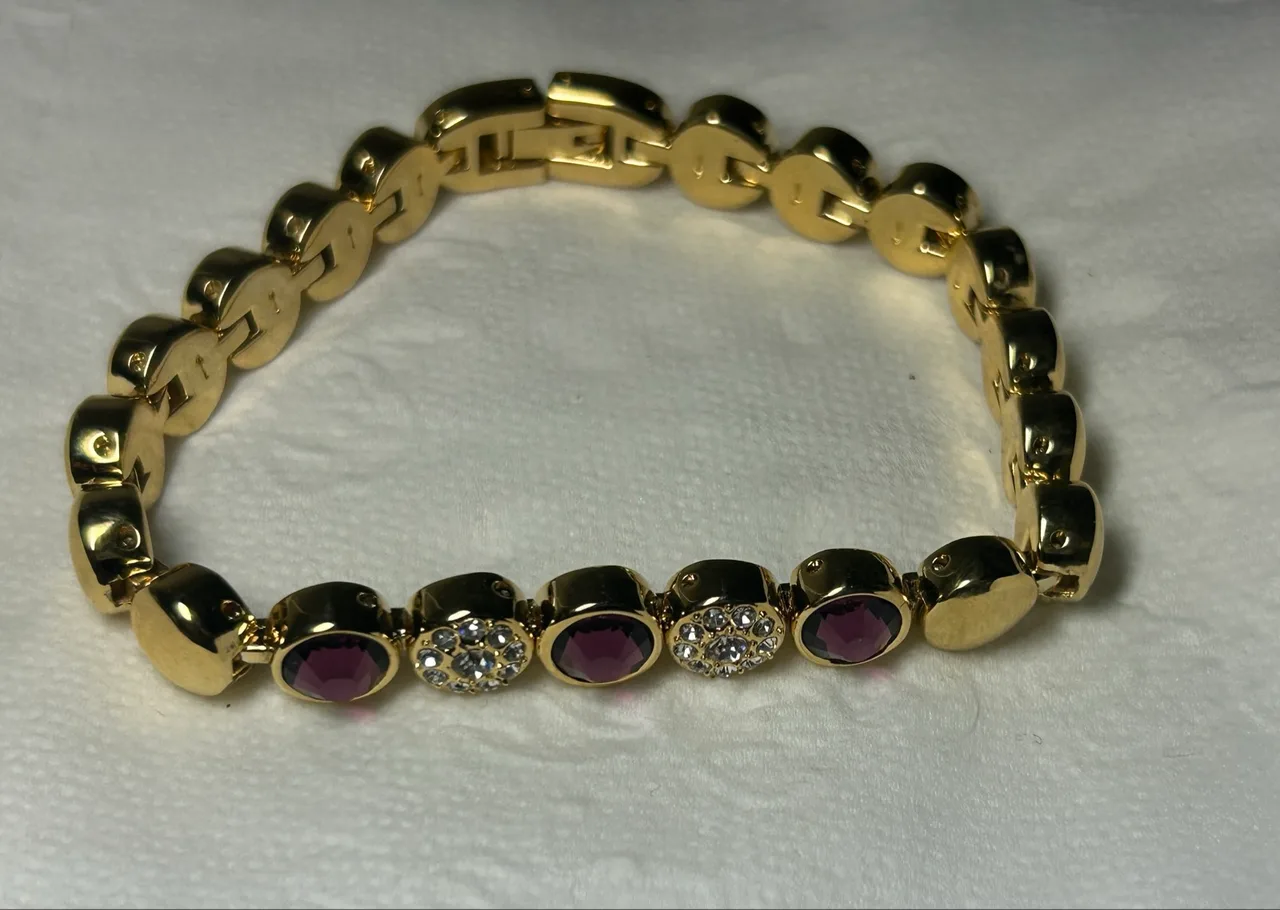 Vintage Gold-Tone Crystal Link Tennis Bracelet – Purple & Clear — photo 3