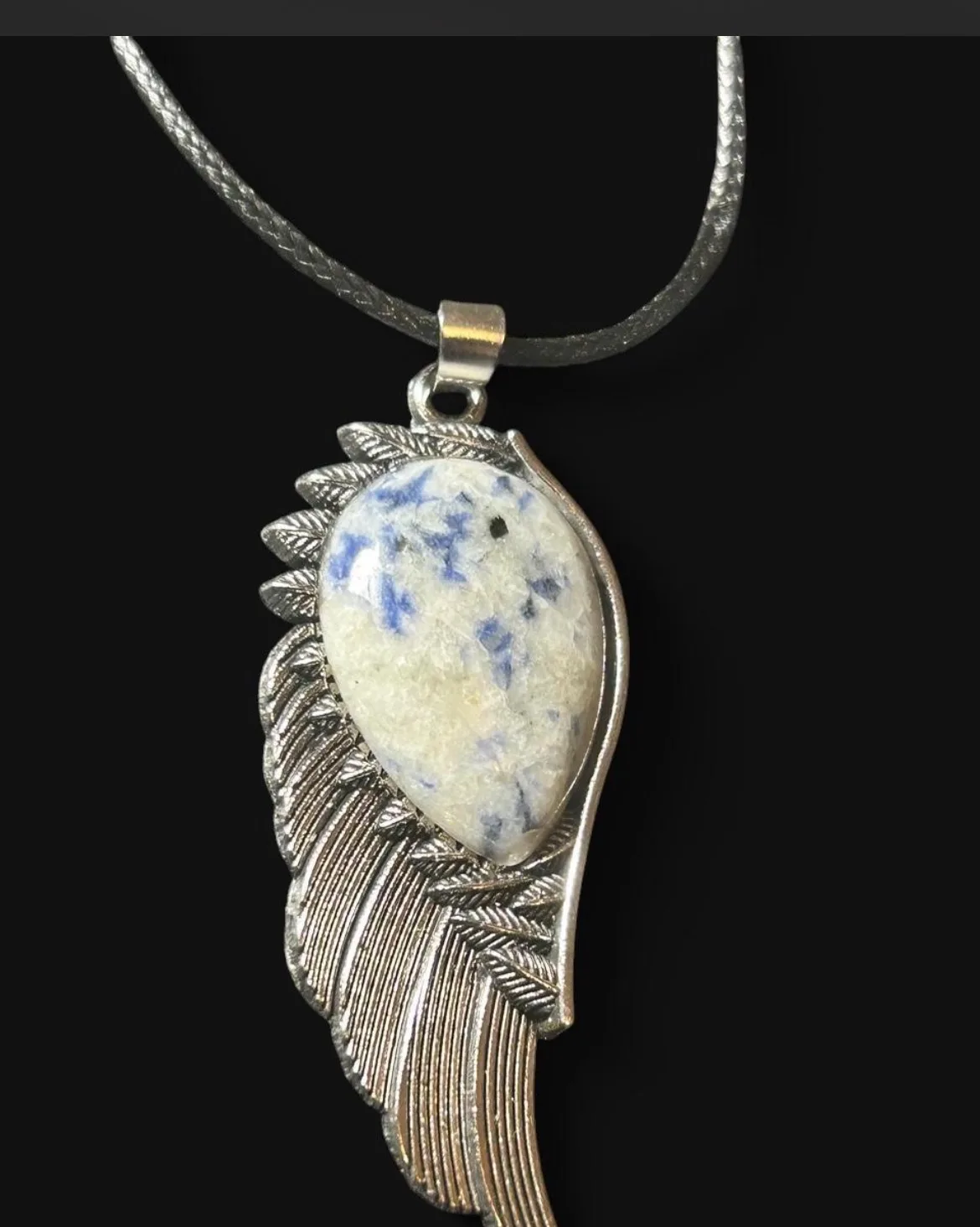 Vintage Boho Silver Alloy Angel Wing Sodalite Stone Pendant Necklace — photo 2
