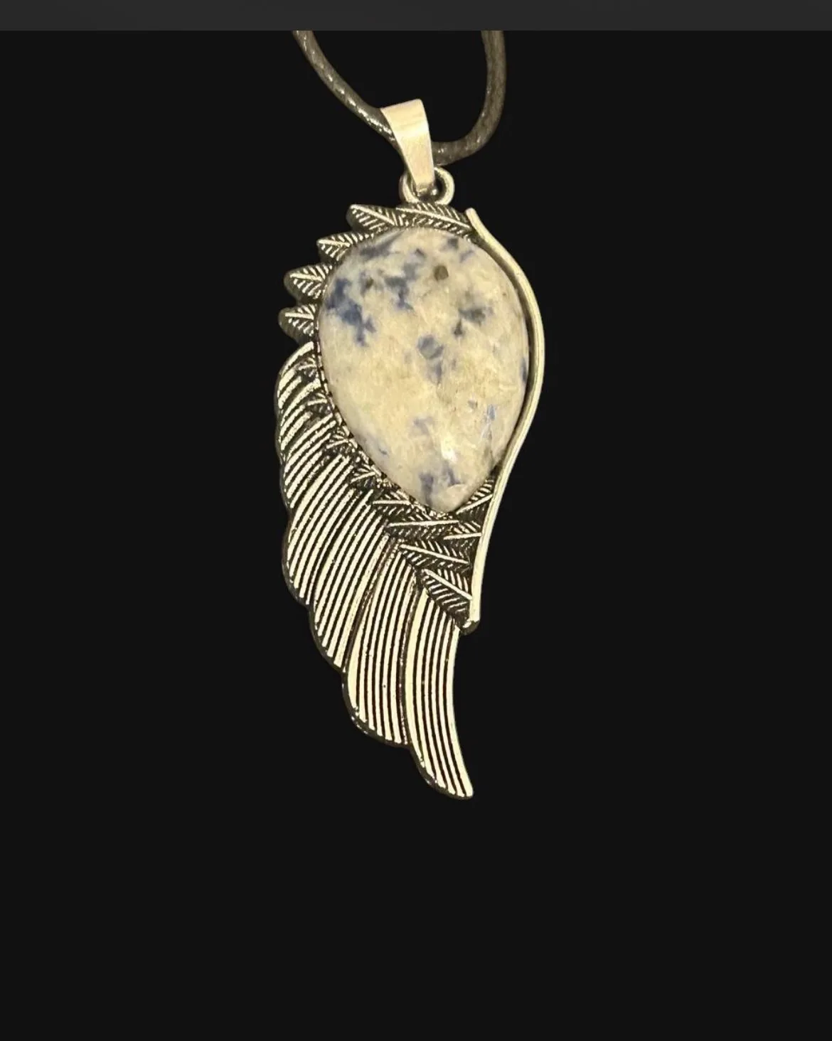 Vintage Boho Silver Alloy Angel Wing Sodalite Stone Pendant Necklace — photo 3