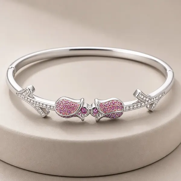 Elegant Silver Bracelet with Pink Crystal Roses