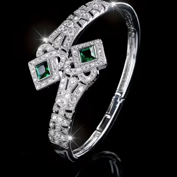 Elegant Silver Art Deco Style Bracelet with Green Gemstones
