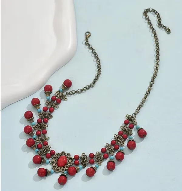 Vintage-Style Chunky Red Bead Necklace