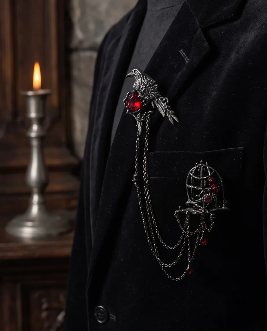 Gothic Raven and Cage Brooch with Red Gem Accents — photo 5