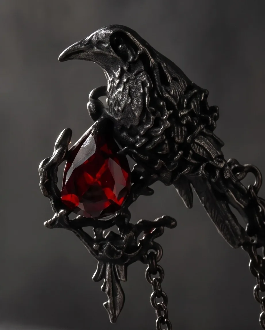 Gothic Raven and Cage Brooch with Red Gem Accents — photo 3