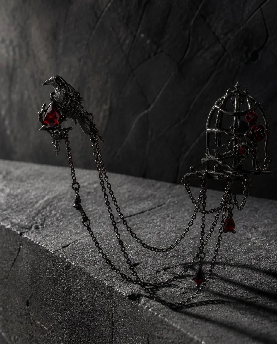 Gothic Raven and Cage Brooch with Red Gem Accents — photo 4