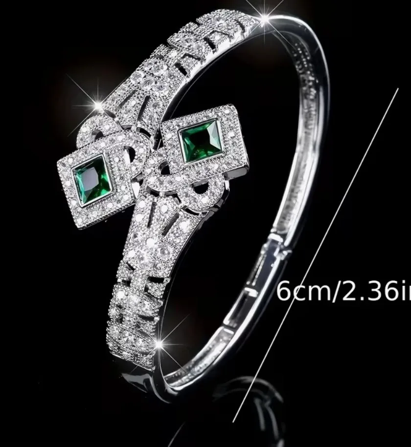 Elegant Silver Art Deco Style Bracelet with Green Gemstones — photo 3
