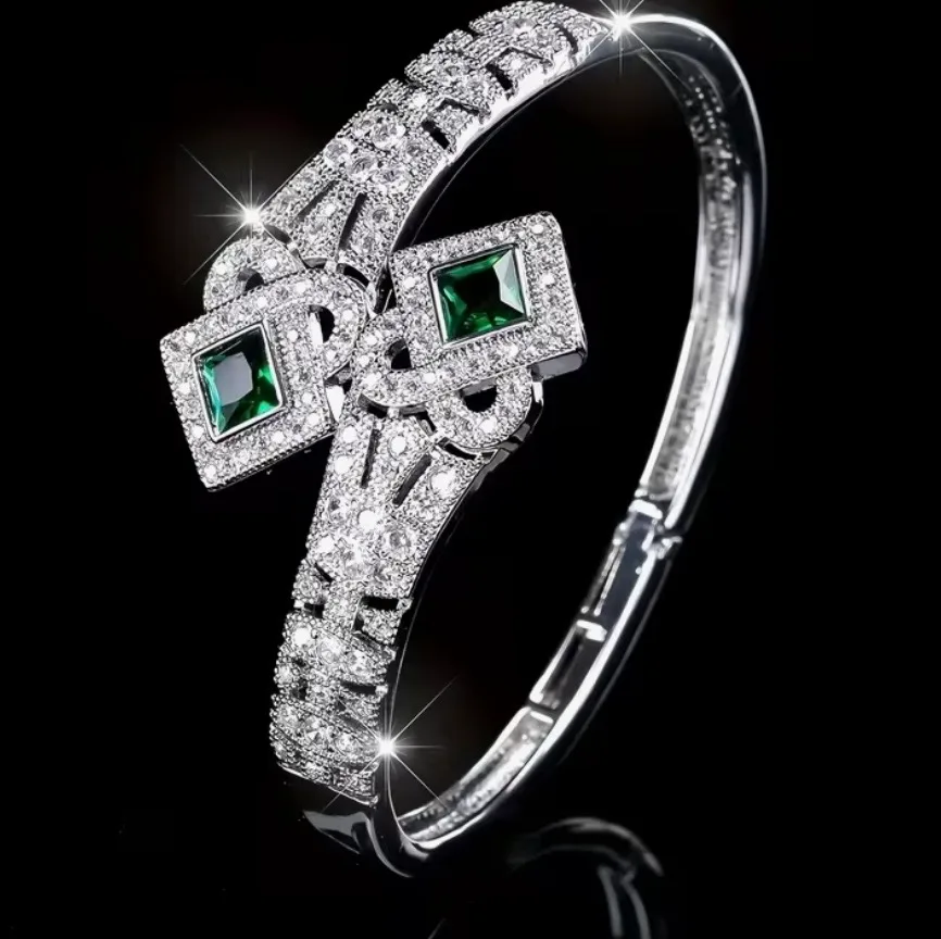 Elegant Silver Art Deco Style Bracelet with Green Gemstones — photo 2