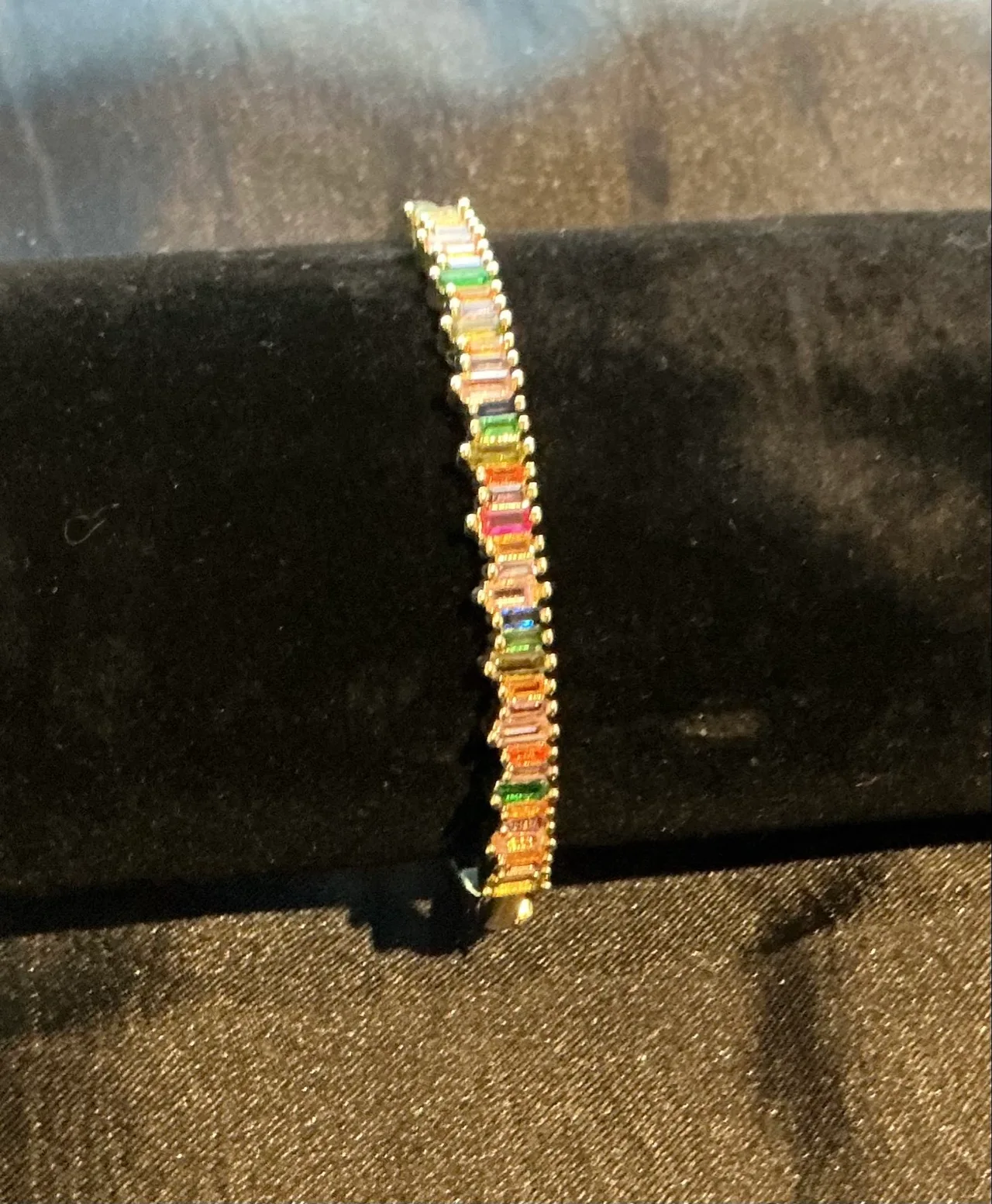 Gold tone stainless steel multicoloured crystal hinged bangle bracelet — photo 3