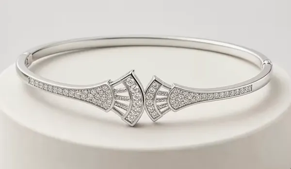 Elegant Art Deco style Silver Bangle with Crystal Accents