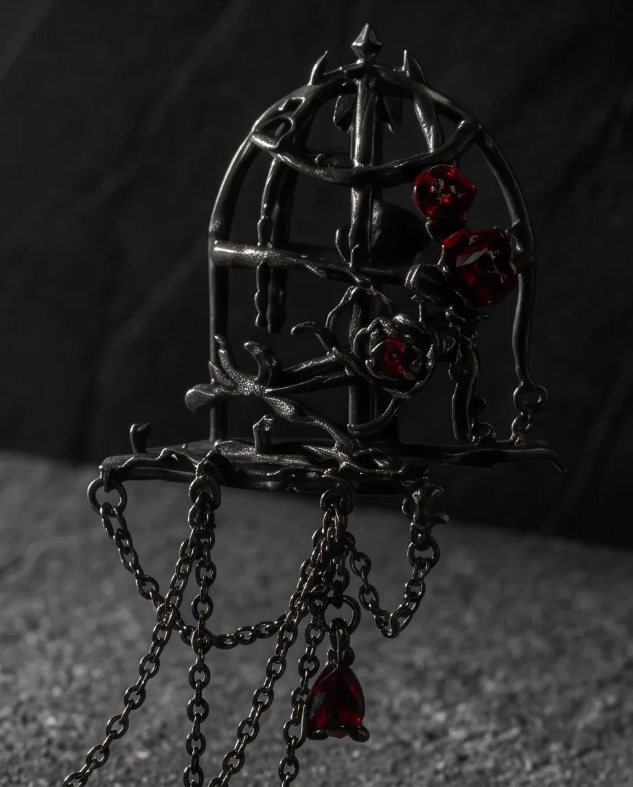 Gothic Raven and Cage Brooch with Red Gem Accents — photo 2