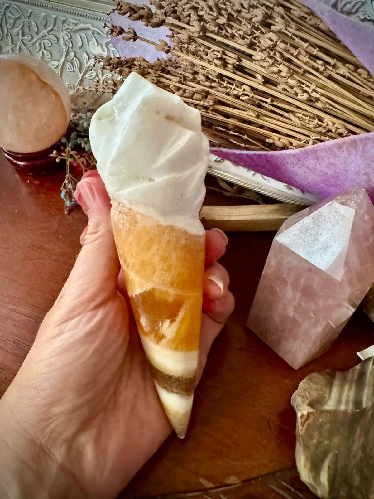 Orange Calcite Crystal Ice-cream Cone Carving – photo 6