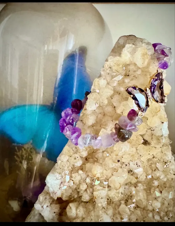Amethyst Crystal Chip bracelet with Butterfly charm