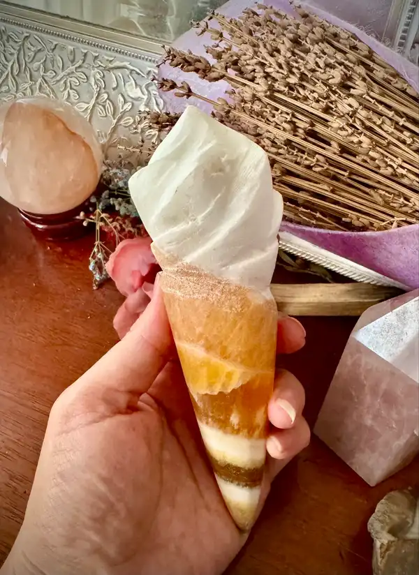 Orange Calcite Crystal Ice-cream Cone Carving