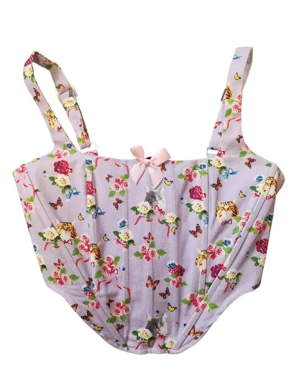 Dangerfield Lilac Cat & Floral Corset Crop Top – Size 6