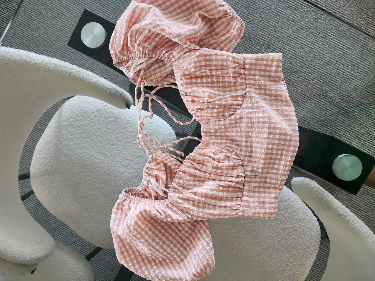 Peach Gingham Puff Sleeve Bustier Crop Top – photo 3