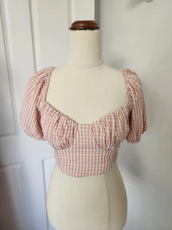 Peach Gingham Puff Sleeve Bustier Crop Top