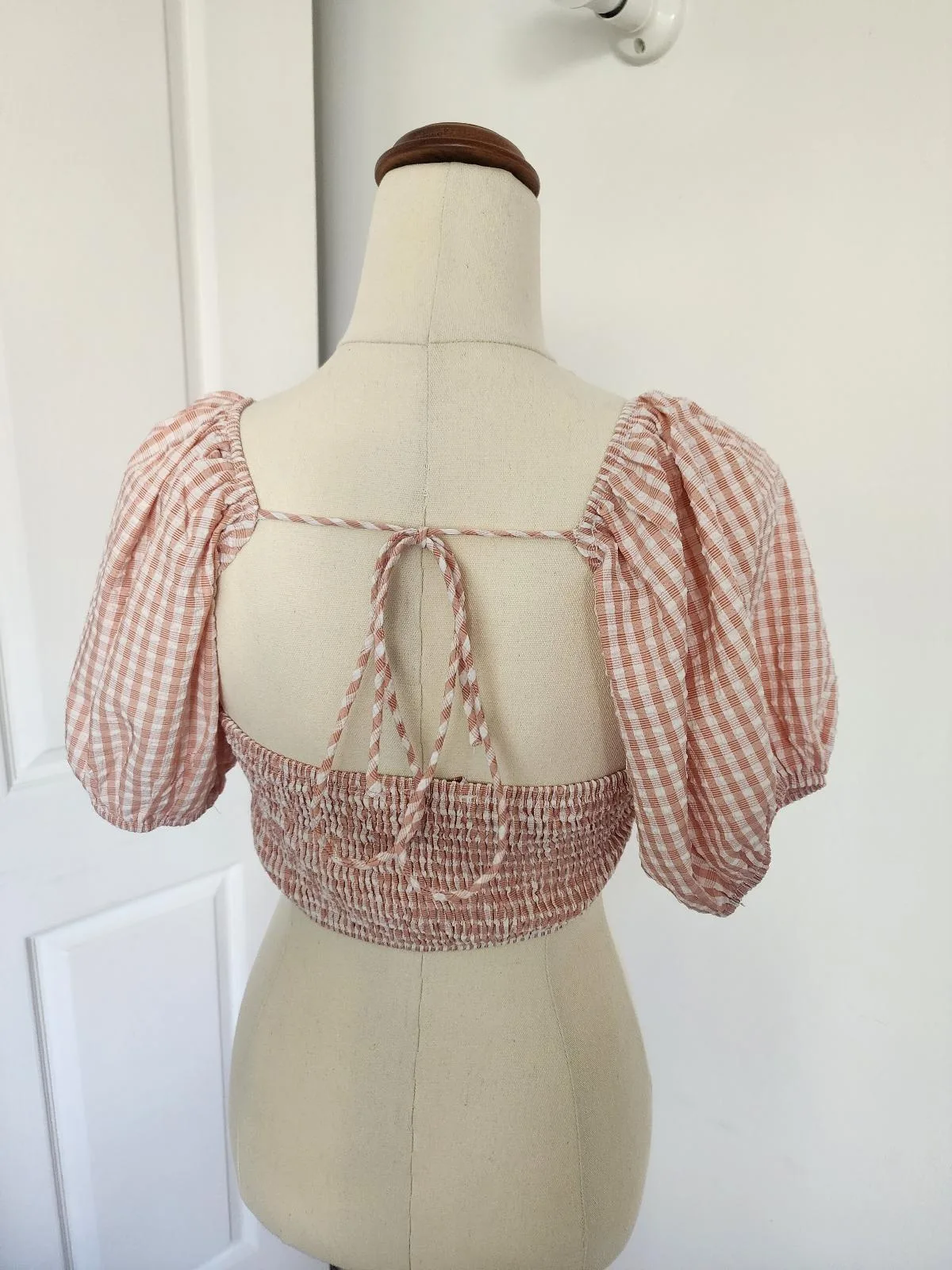 Peach Gingham Puff Sleeve Bustier Crop Top – photo 2