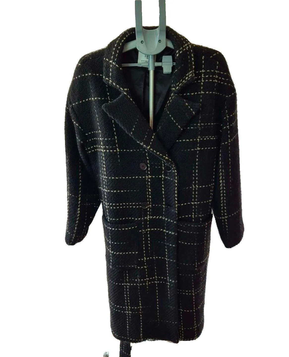 ANINE BING Black Check Tweed Belted Lined Mid-Length Overcoat Size M — photo 2