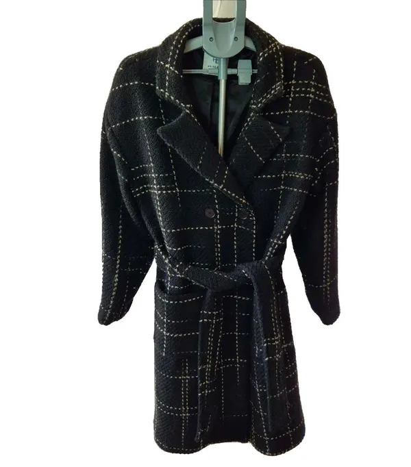 ANINE BING Black Check Tweed Belted Lined Mid-Length Overcoat Size M