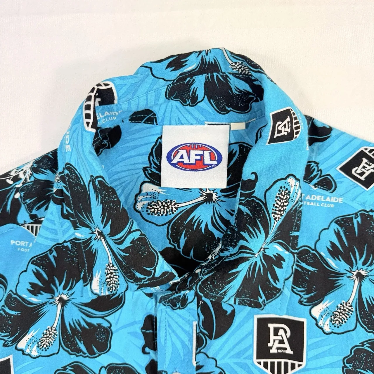 AFL Port Adelaide Power Hawaiian Shirt Mens Large Blue Floral Hibiscus Rayon Sho — photo 4