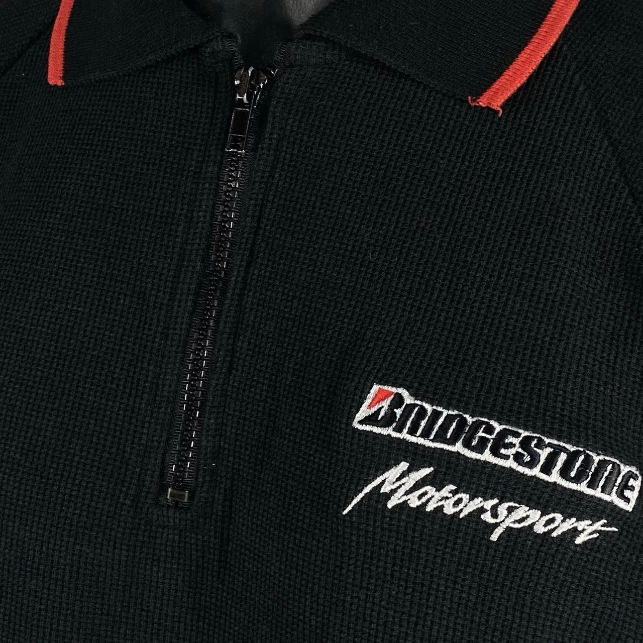 Vintage 90s Bridgestone Motorsport Knit Polo Shirt XL Black Red Trim Quarter Zip — photo 3