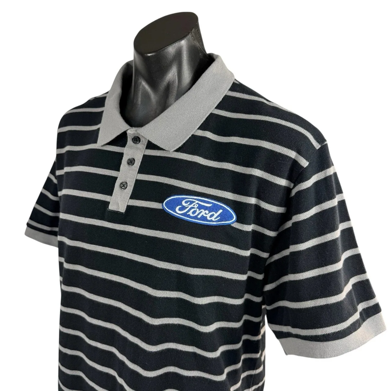 Ford Polo Shirt Mens XL Black Grey Striped Embroidered Oval Logo Muscle Car — photo 3