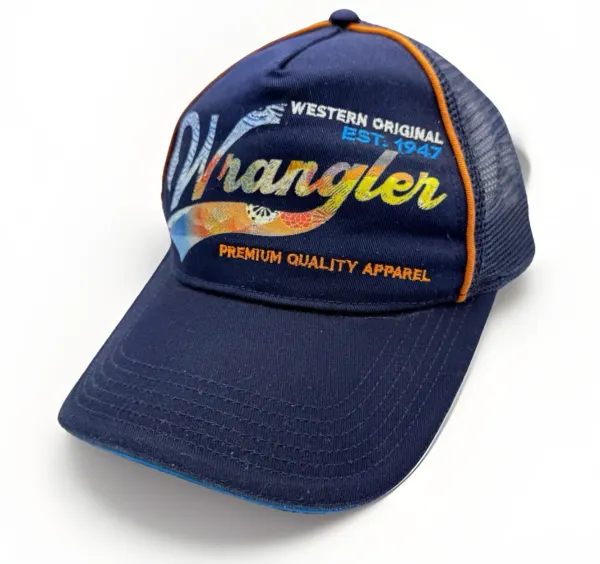 Wrangler Navy Trucker Cap OSFM Mesh Back Embroidered Western Logo Snapback Hat