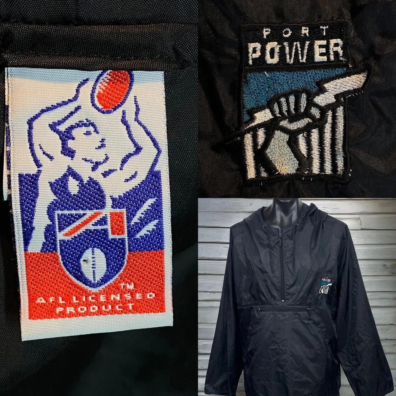 Vintage Port Adelaide Power AFL Mens 1/2 Zip Anorak Jacket Black Oversized — photo 6