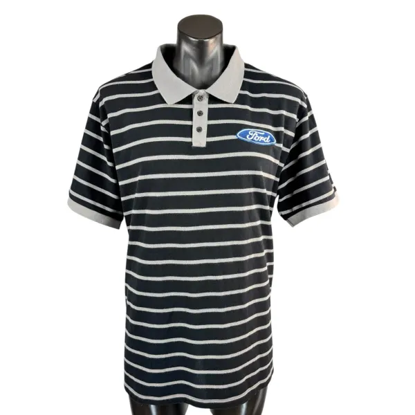 Ford Polo Shirt Mens XL Black Grey Striped Embroidered Oval Logo Muscle Car