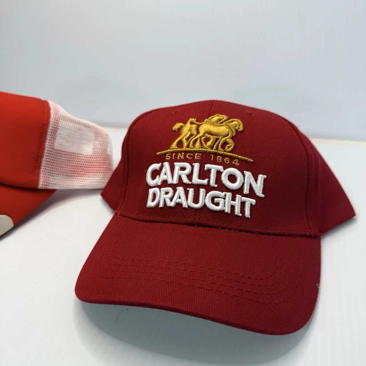 Carlton Draught Beer Caps Bundle Red Trucker Hat With Bottle Opener Embroidered — photo 3