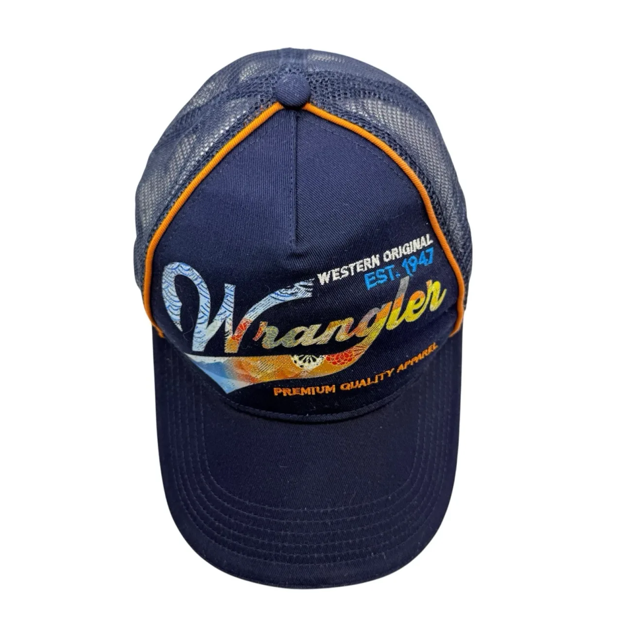 Wrangler Navy Trucker Cap OSFM Mesh Back Embroidered Western Logo Snapback Hat — photo 7