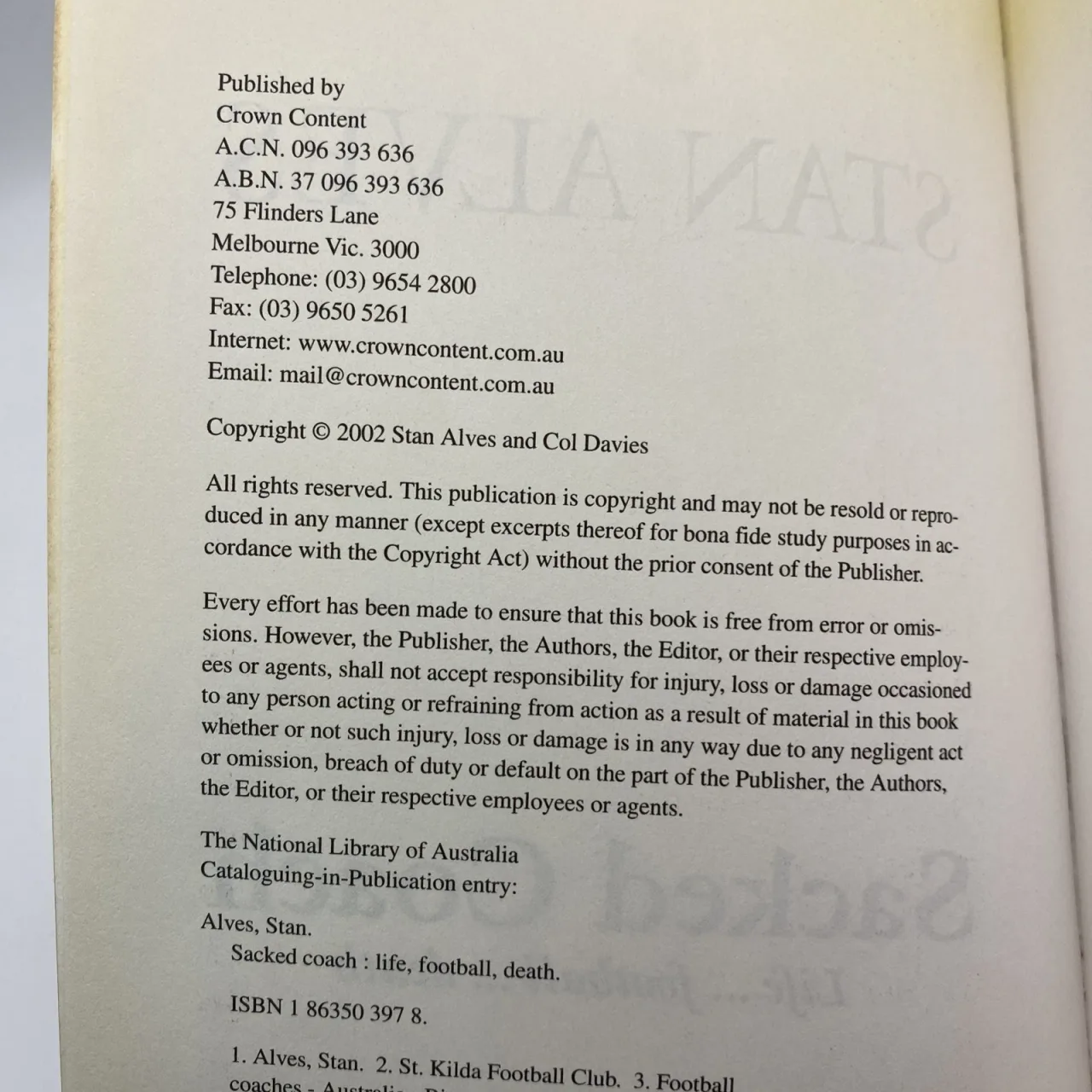 Sacked Coach: Life, Football, Death by Stan Alves Col Davies AFL St Kilda Book — photo 3