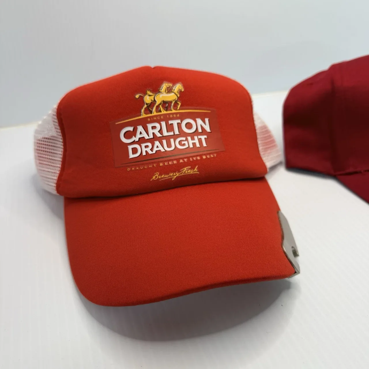 Carlton Draught Beer Caps Bundle Red Trucker Hat With Bottle Opener Embroidered — photo 2