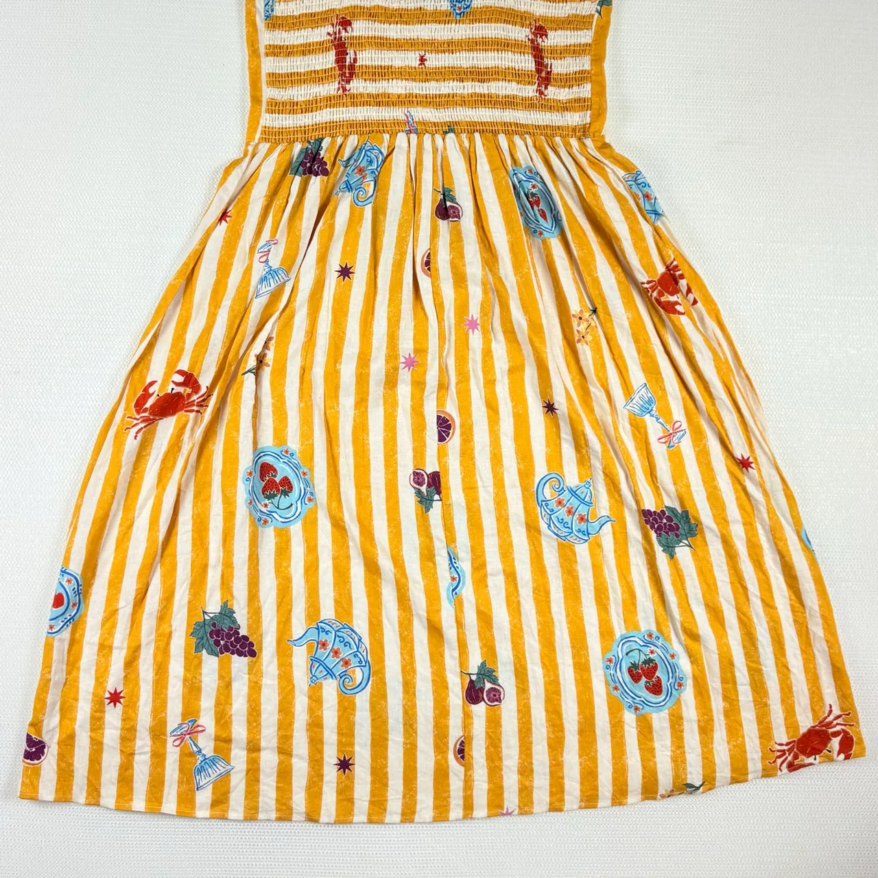 Sportsgirl Picnic Sundress Size 18 NWT Linen Blend Mustard Stripe Fruit Print — photo 3