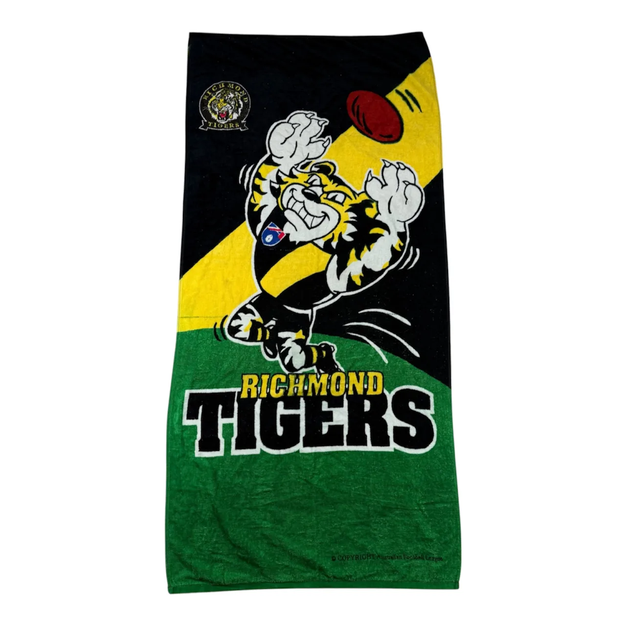 VTG 90's Richmond Tigers AFL Beach Towel Mascot Design Black Yellow Green Cotton — photo 8